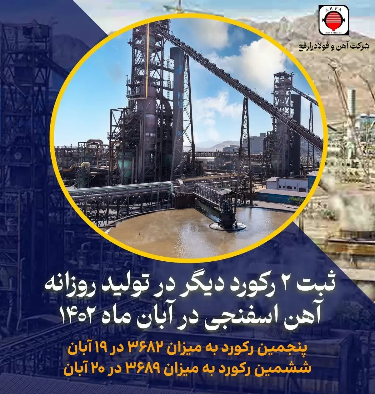 ثبت پنجمین و ششمین رکورد تولید روزانه آهن اسفنجی در آبان ۱۴۰۲ توسط فولاد ارفع