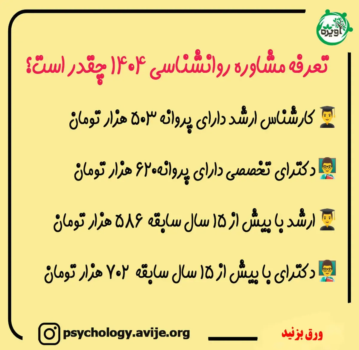هزینه مشاوره روانشناسی 1404 + تعرفه مشاوره سازمان نظام روانشناسی - مشاوره آویژه