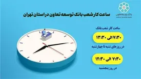 اعلام ساعت کار شعب بانک توسعه تعاون در استان تهران