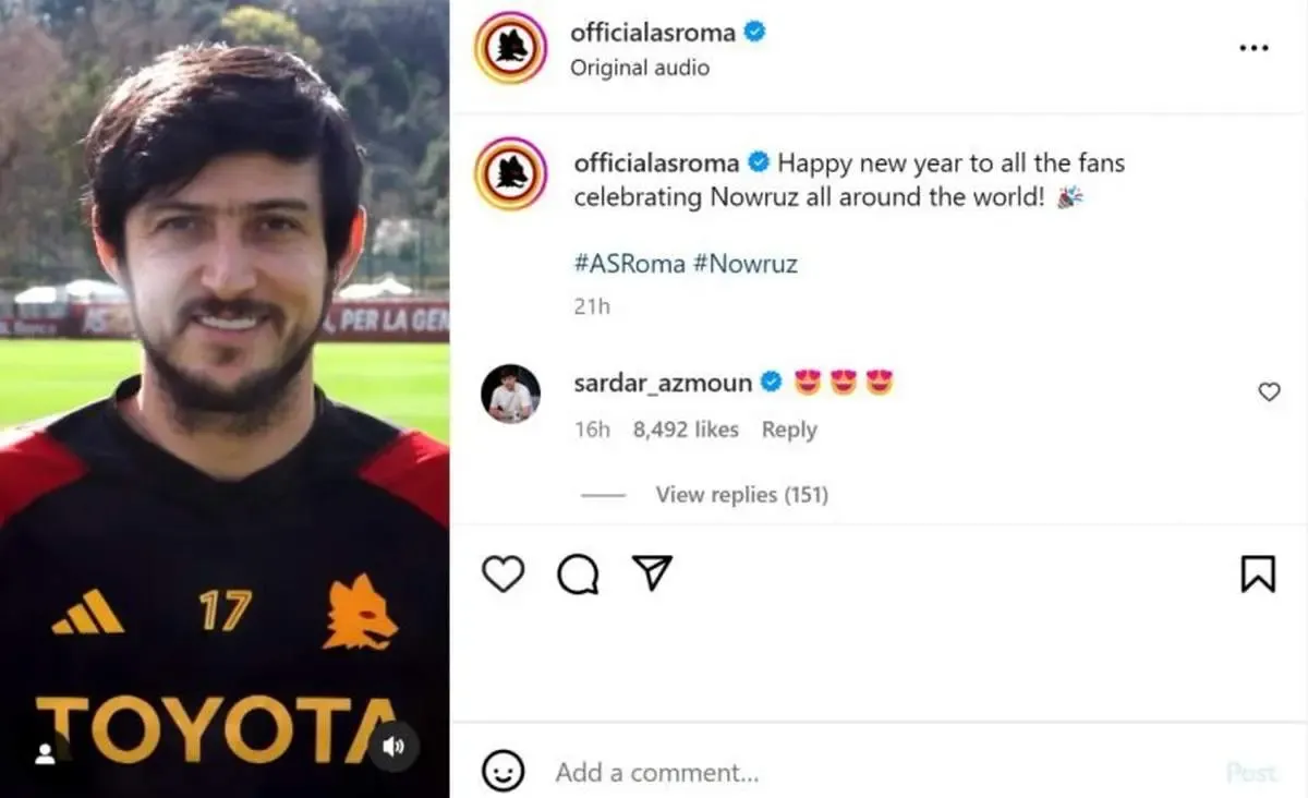 تبریک فارسی نوروز باشگاه رم به سردار آزمون