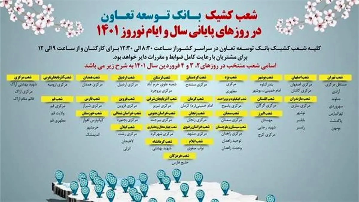 اعلام شعب کشیک بانک توسعه تعاون در روزهای تعطیلات نوروز