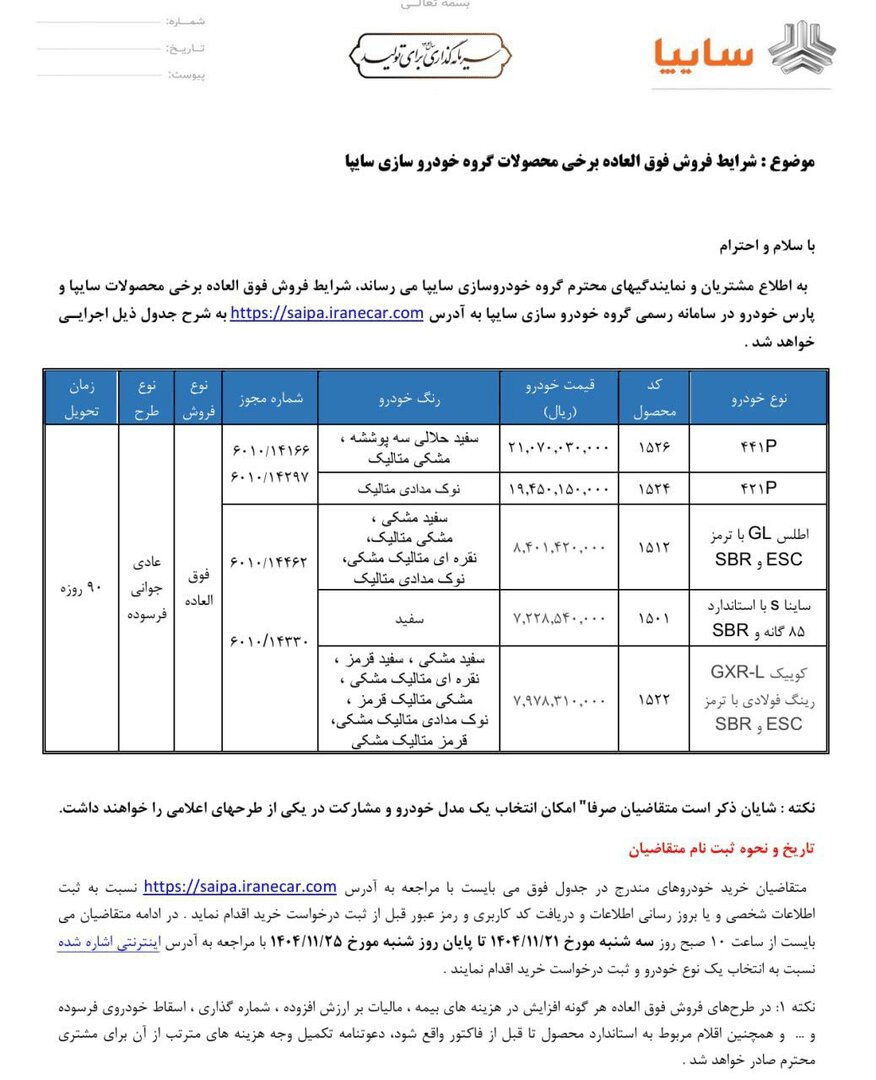 شرایط فروش فوق العاده ۵ خودروی سایپا اعلام شد/ قیمت و زمان تحویل